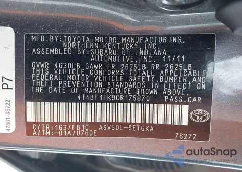 2012 Toyota Camry Xle z USA, uszkodzony, nr VIN 4T4BF1FK9CR175870